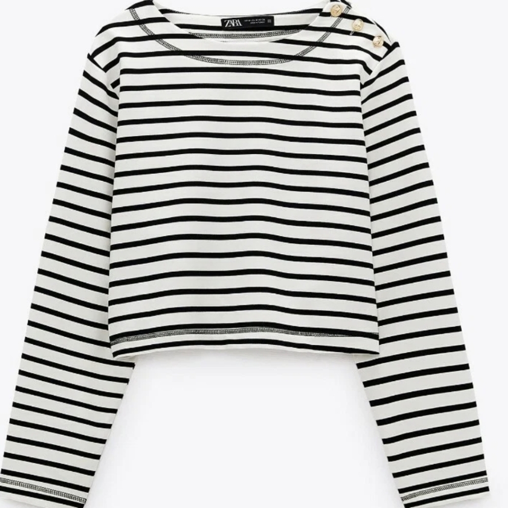 Zara Black and White Striped Cropped Long Sleeve Top With Buttons On Left Top - Picture 5 of 5